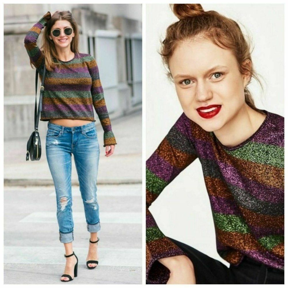 Zara Sweater Rainbow Stripe Metallic Size Small